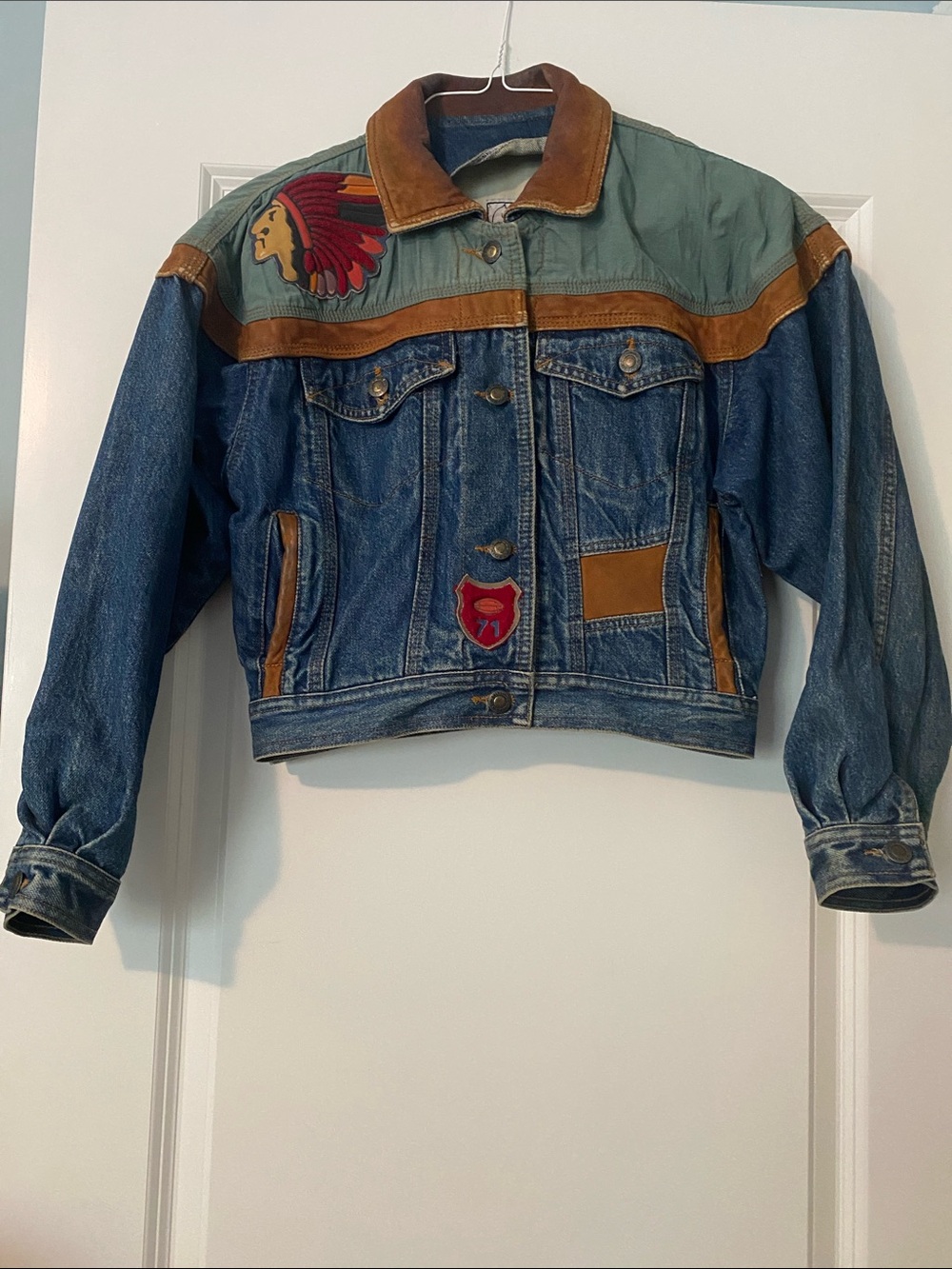 Vintage Denim Jacket with Leather Trim & Native Patch - Blue and Tan